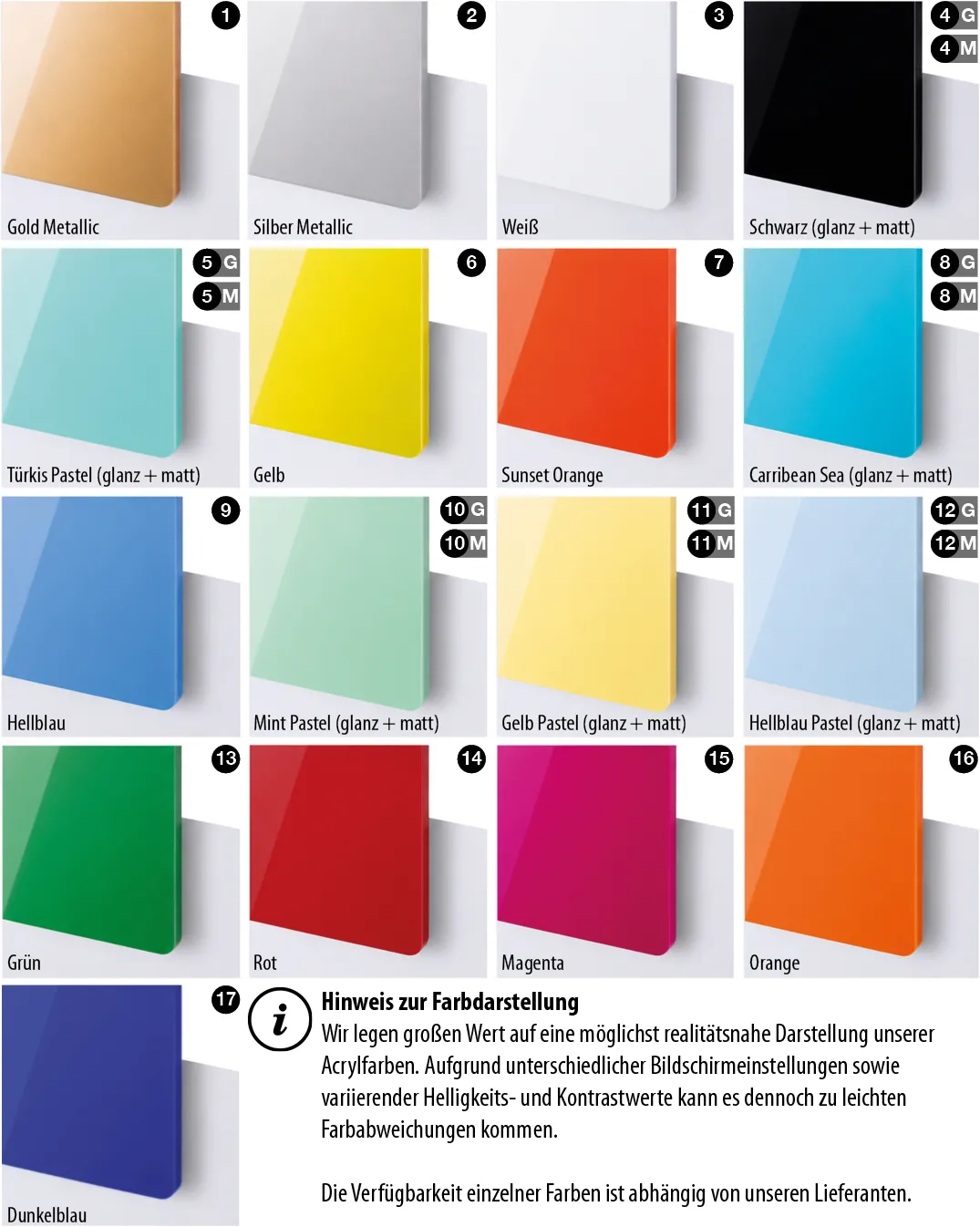 Farbauswahl Acrylglas Plexiglas GS